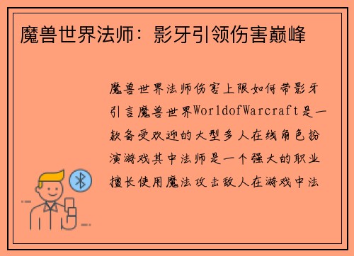 魔兽世界法师：影牙引领伤害巅峰